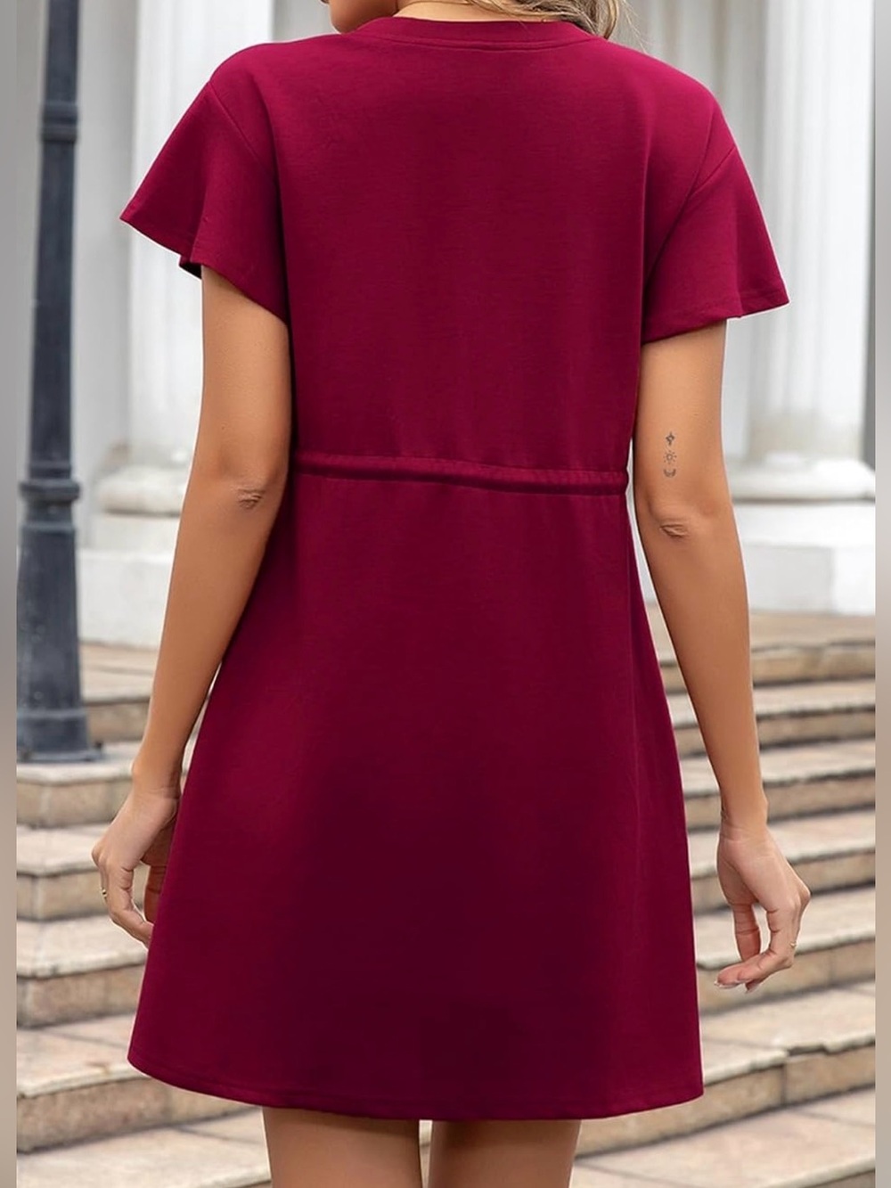 Casual Drawstring Pocket Dress in Burgundy - Picture 2 of 2